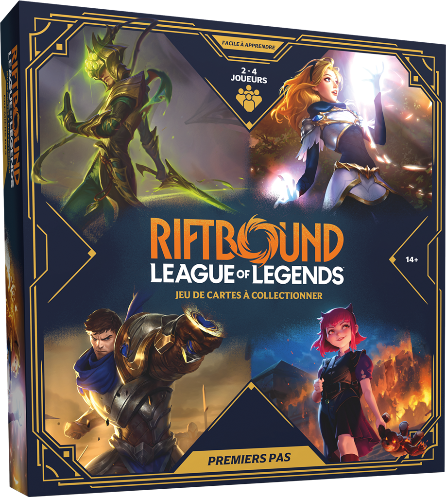 Coffret Riftbound Premiers Pas en français avec quatre decks et figurines Champion, boîte vue de face