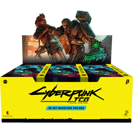 Display Beta Cyberpunk TCG Welcome to Night City de 36 boosters en anglais, boîte ouverte avec boosters visibles