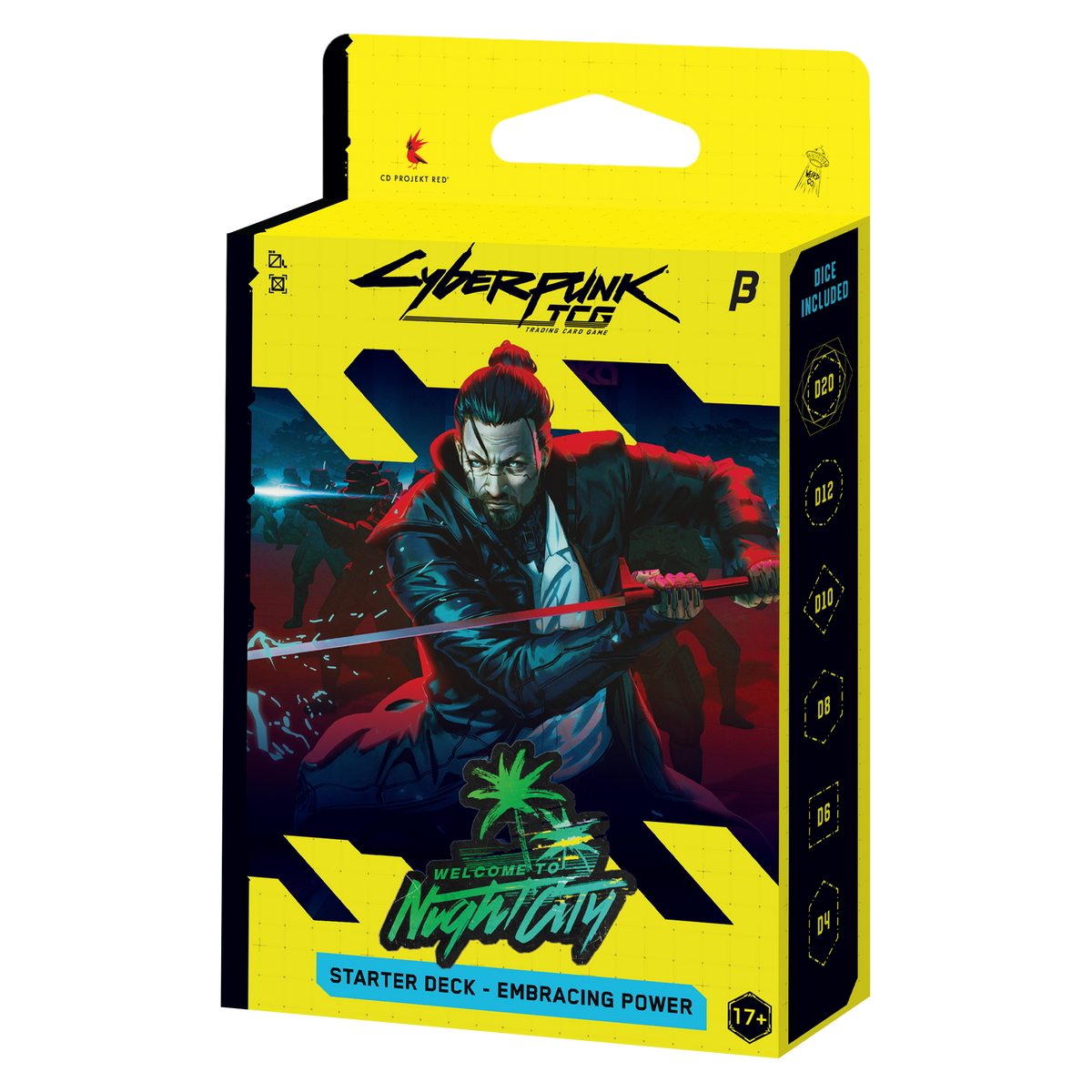 Boîte du Starter Deck Beta Cyberpunk TCG Embracing Power en anglais, vue de trois quarts