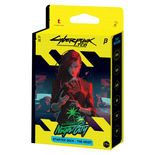 Boîte du Starter Deck Beta Cyberpunk TCG The Heist en anglais, vue de trois quarts