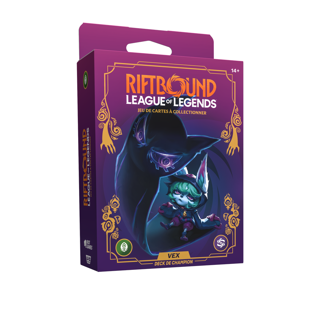 Deck de champion Vex Riftbound Déchaînement en français, emballage vu de face