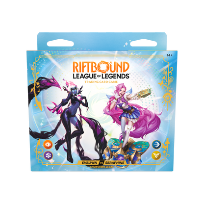 Coffret Showdown Seraphine contre Evelynn Riftbound Radiance, emballage vu de face — vue 2
