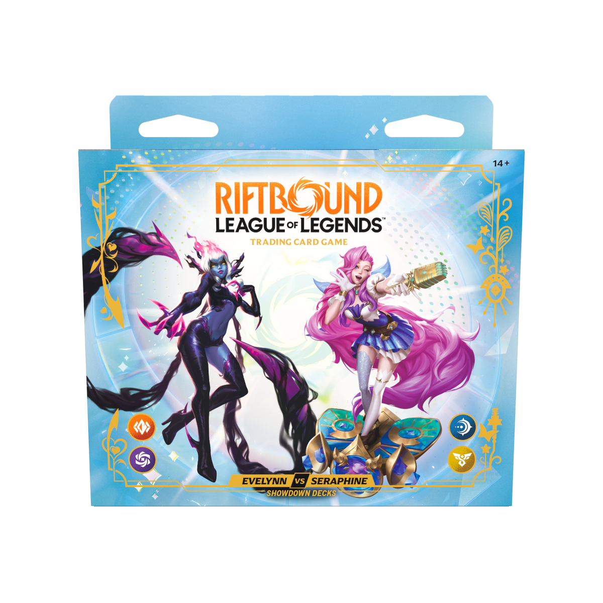 Coffret Showdown Seraphine contre Evelynn Riftbound Radiance, emballage vu de face — vue 2