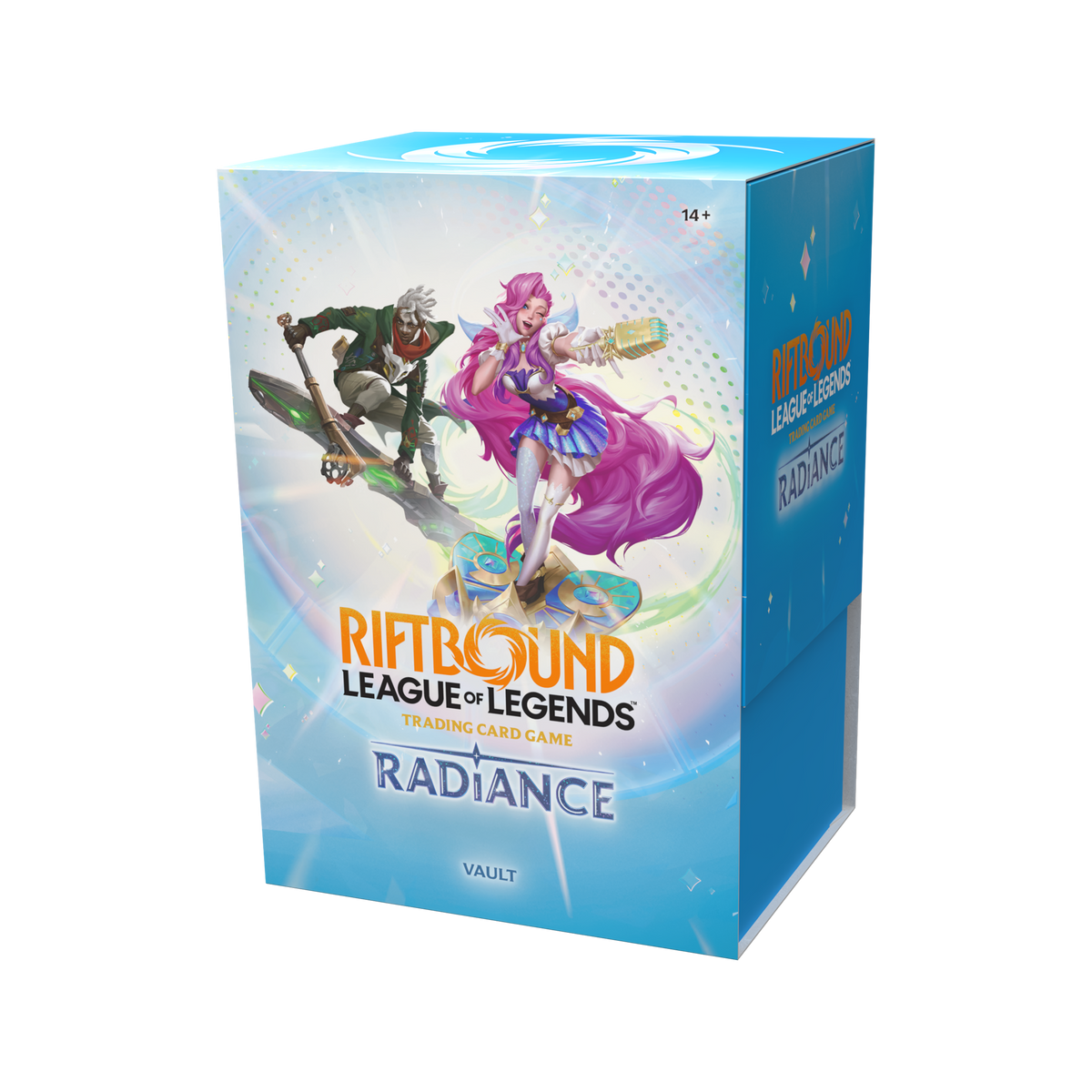 Coffret Riftbound Radiance Vault en anglais avec six boosters et boîte de rangement, vue de face