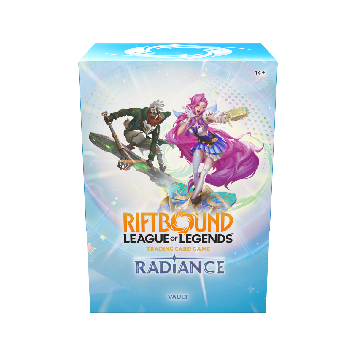 Coffret Riftbound Radiance Vault en anglais avec six boosters et boîte de rangement, vue de face — vue 2