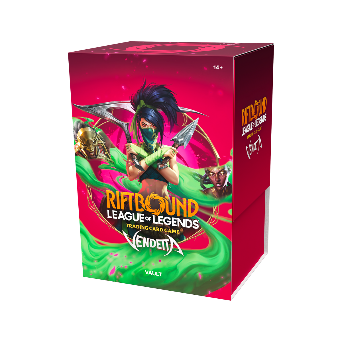 Coffret Riftbound Vendetta Vault en anglais avec six boosters et boîte de rangement, vue de face