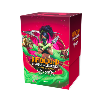 Coffret Riftbound Vendetta Vault en anglais avec six boosters et boîte de rangement, vue de face