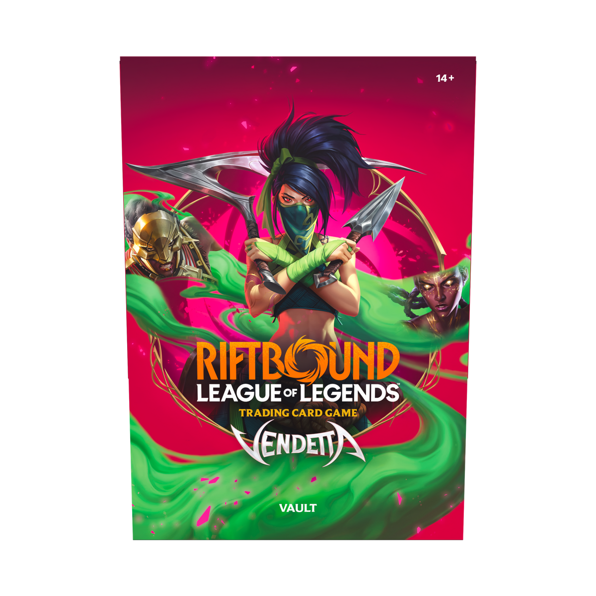 Coffret Riftbound Vendetta Vault en anglais avec six boosters et boîte de rangement, vue de face — vue 3