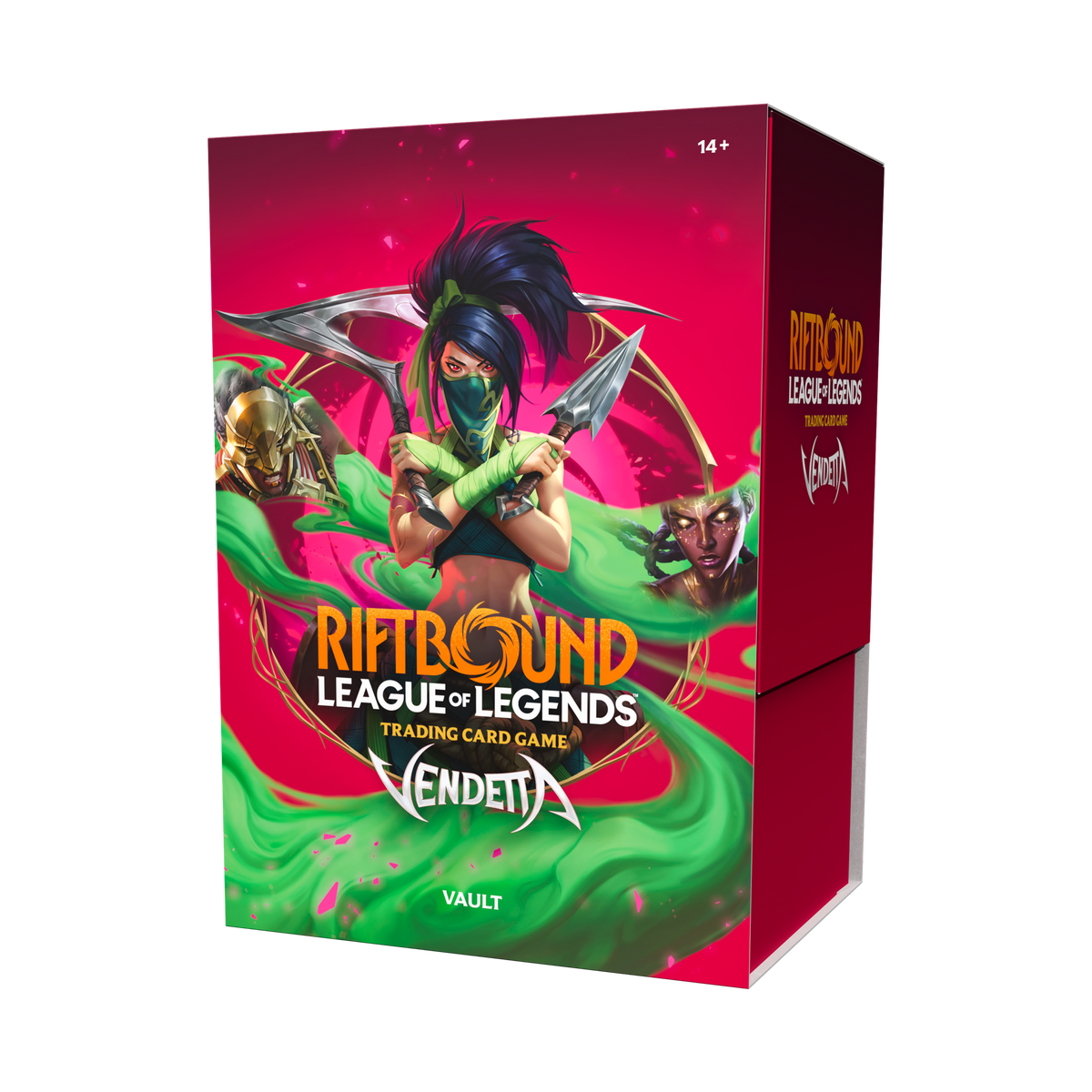 Coffret Riftbound Vendetta Vault en anglais avec six boosters et boîte de rangement, vue de face — vue 4