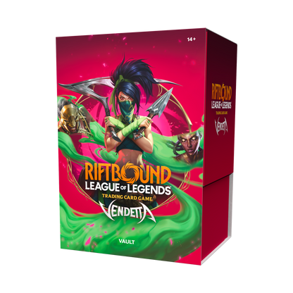 Coffret Riftbound Vendetta Vault en anglais avec six boosters et boîte de rangement, vue de face — vue 4