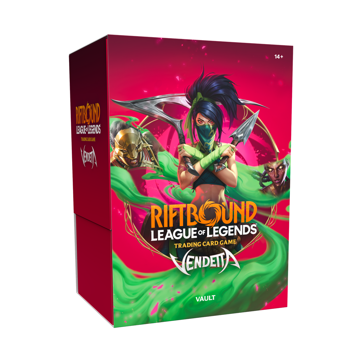 Coffret Riftbound Vendetta Vault en anglais avec six boosters et boîte de rangement, vue de face — vue 5