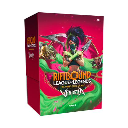 Coffret Riftbound Vendetta Vault en anglais avec six boosters et boîte de rangement, vue de face — vue 5