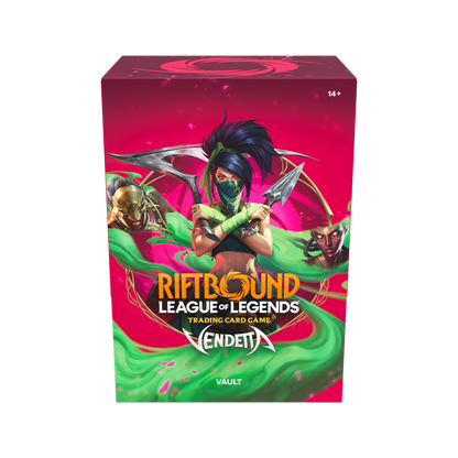 Coffret Riftbound Vendetta Vault en anglais avec six boosters et boîte de rangement, vue de face — vue 6